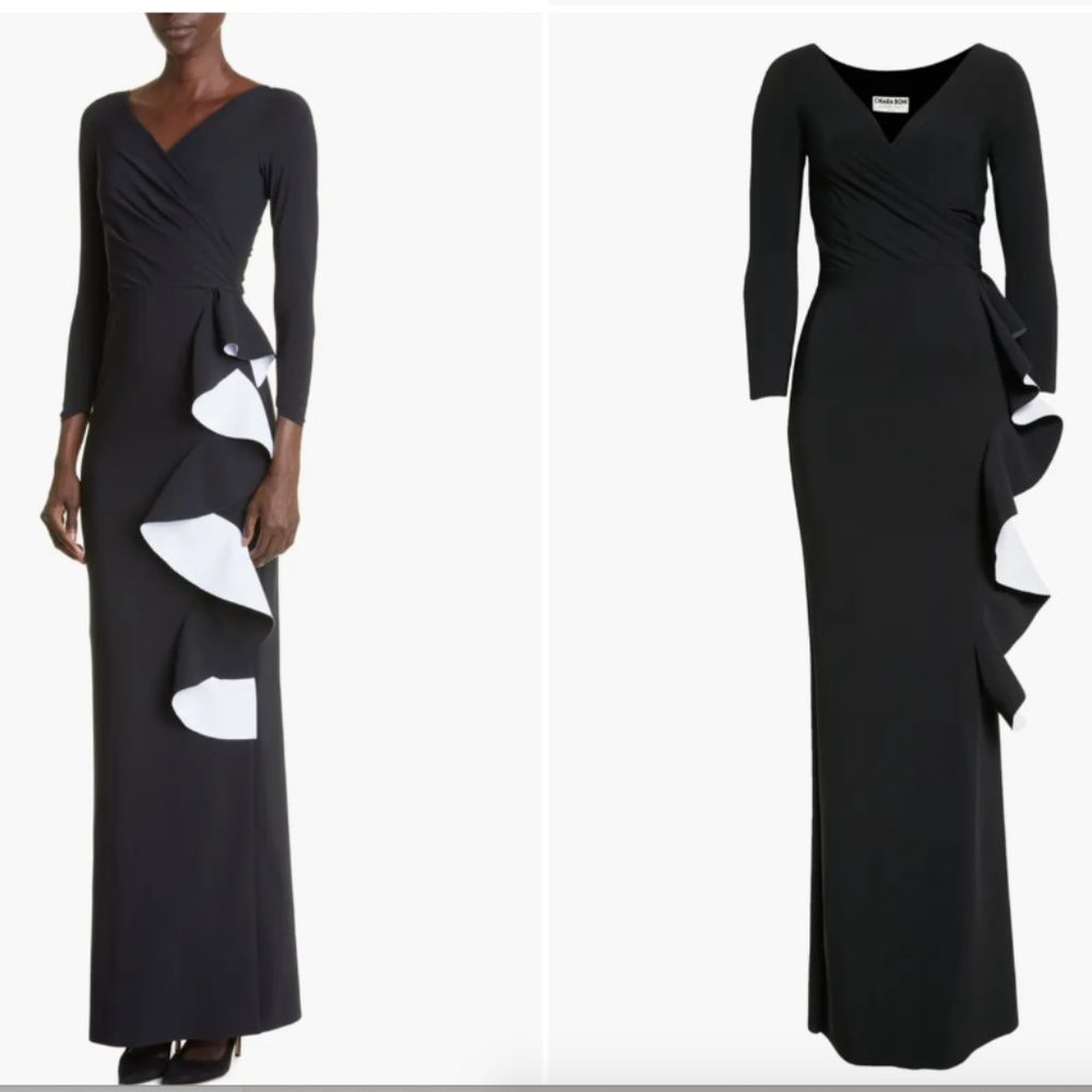 CHIARA BONI LA PETITE ROBE SANGIOVANNA 3/4 SLEEVE RUFFLE BLACK GOWN 4 US/ 40 IT